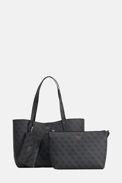 Zwarte Guess riemzak met herhaalde logo-motief en een passende pochette.