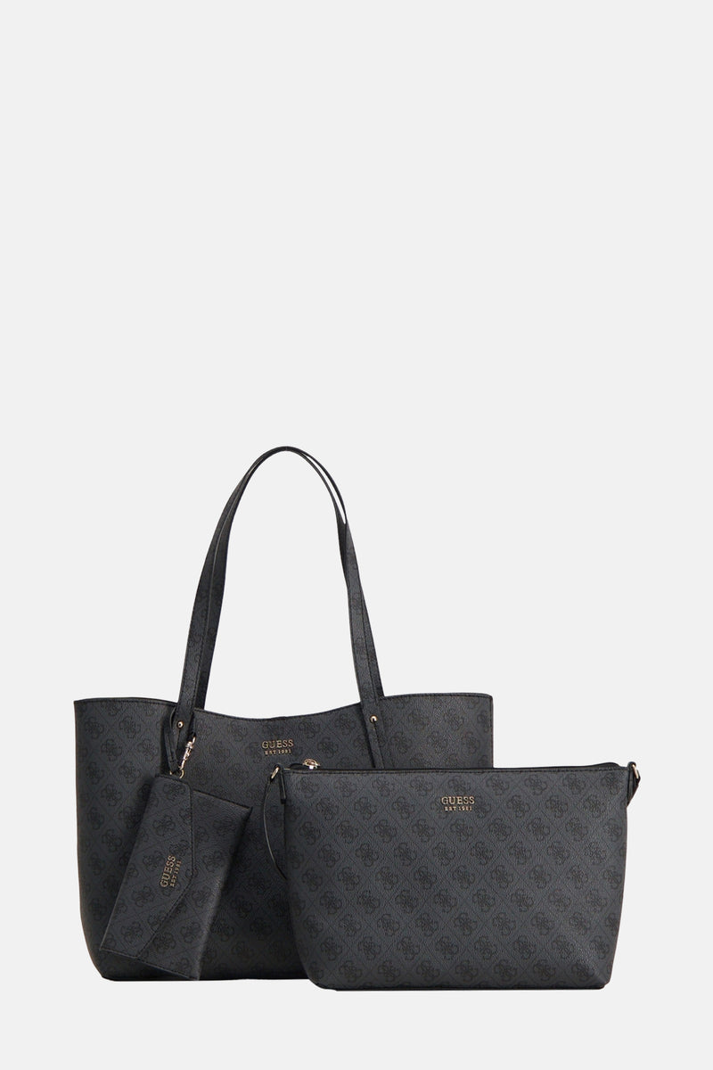 Zwarte Guess riemzak met herhaalde logo-motief en een passende pochette.
