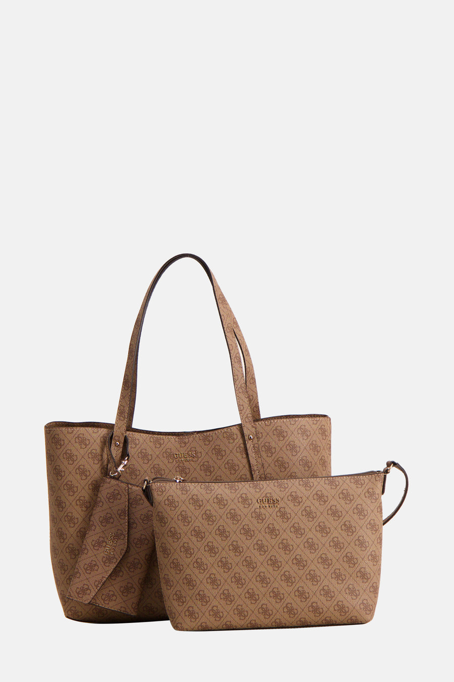 Sac à bandoulière brun de Guess, avec imprimé logo et pochette supplémentaire assortie.
