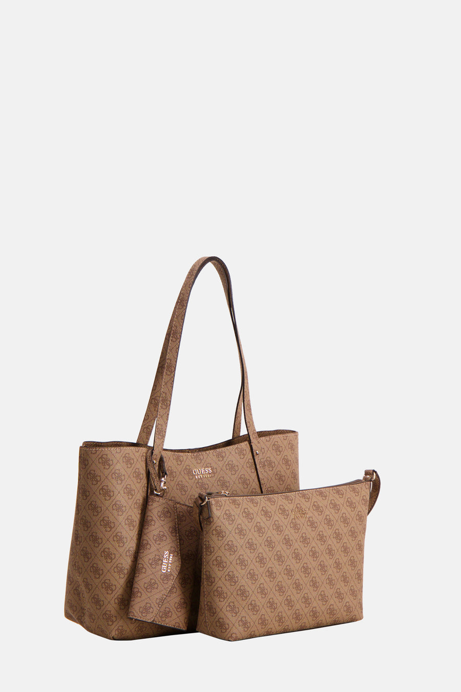 Bruine Guess schoudertas met logoprint en bijpassend extra etui.