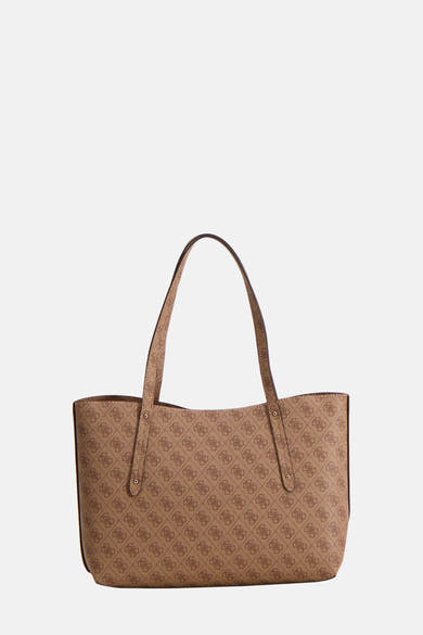 Sac à bandoulière brun de Guess avec motif logo et détails marron foncé.
