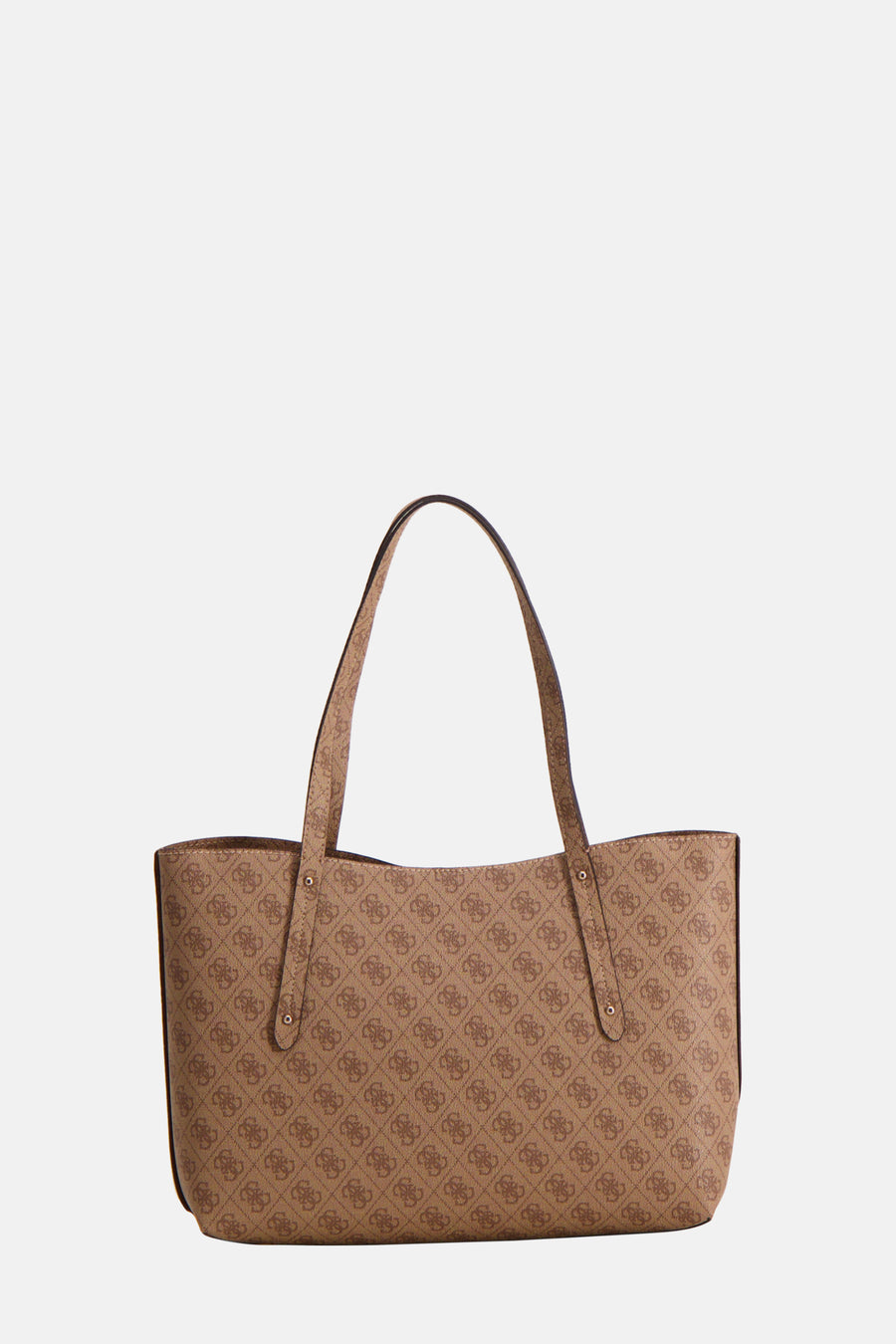 Sac à bandoulière brun de Guess avec motif logo et détails marron foncé.
