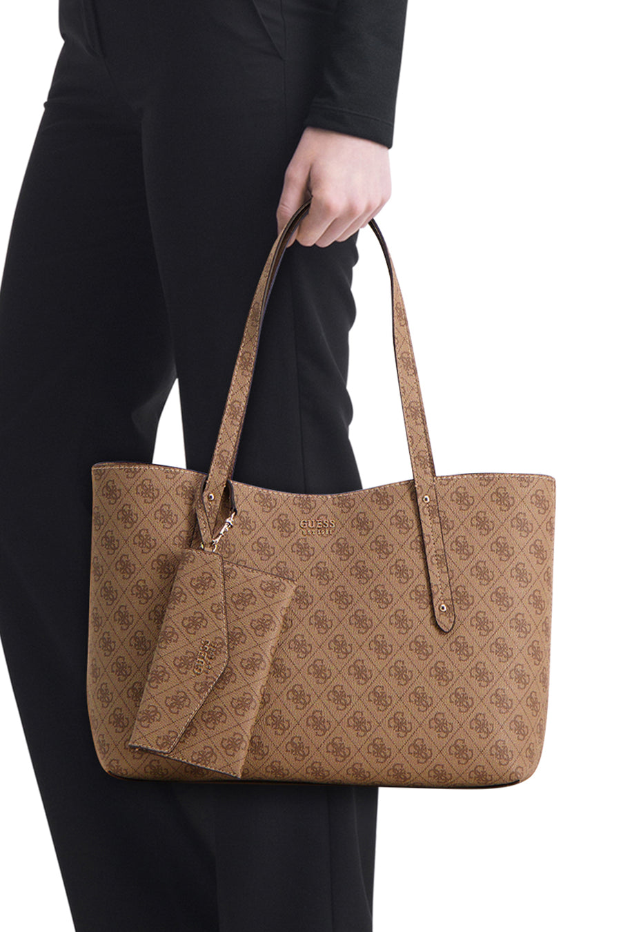 Bruine Guess schoudertas met monogramprint en bijpassend afneembaar etui.