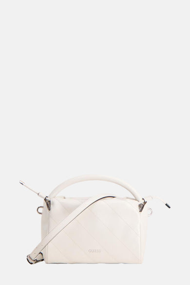 Witte Guess handtas, met een schouderriem en een gewatteerd patroon.