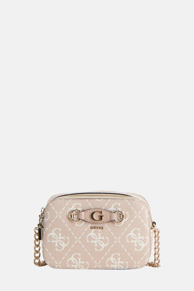 Sac à bandoulière écru de Guess, avec motif logo en relief et bandoulière chaîne dorée.
