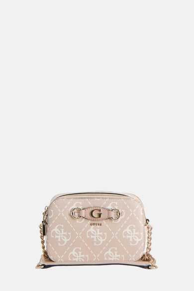 Ecru schoudertas van Guess, met herhaald logo-patroon en gouden ketting schouderriem.