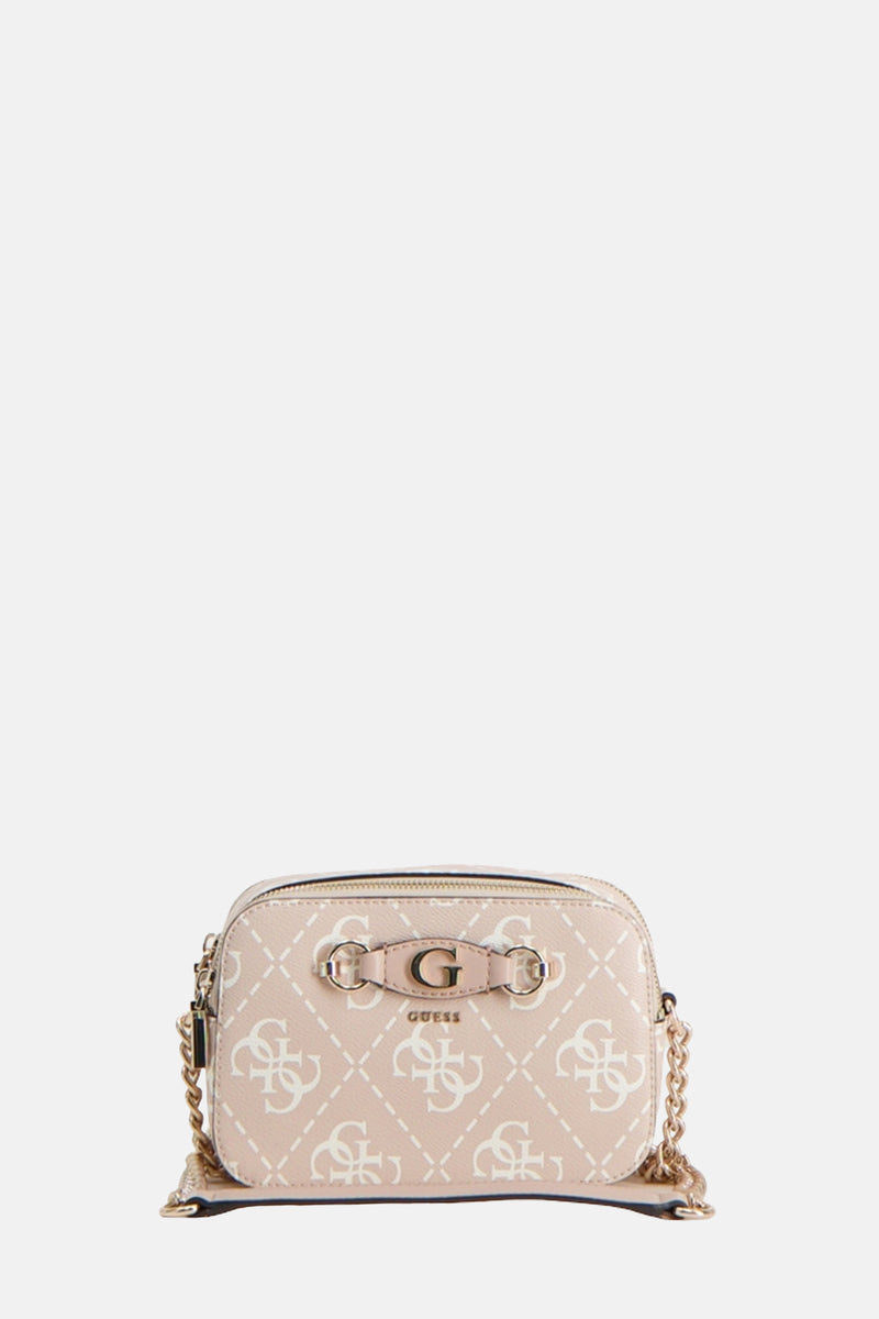 Ecru schoudertas van Guess, met herhaald logo-patroon en gouden ketting schouderriem.
