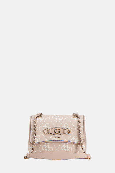 Roze Guess schoudertas met wit logopatroon en kettingriem.