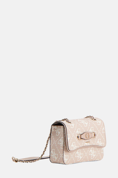 Roze Guess schoudertas met logoprint en gouden kettingriem.