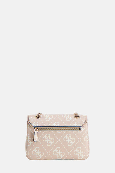 Roze Guess schoudertas met logoprint en gouden kettingriem.
