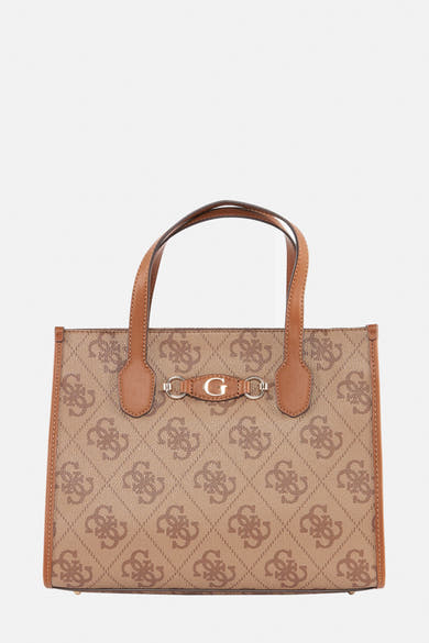 Bruine Guess® canvas handtas met ruitvormig logopatroon en bruine leren afwerkingen.