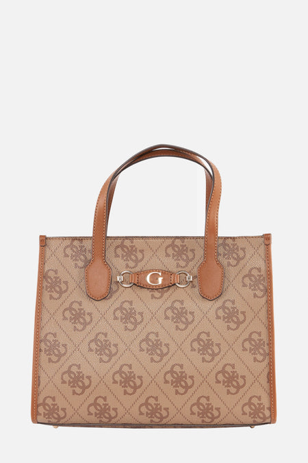 Bruine Guess® canvas handtas met ruitvormig logopatroon en bruine leren afwerkingen.