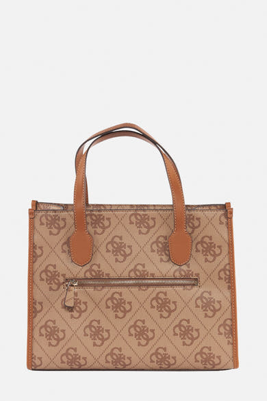 Sac à main brun en toile signé Guess®, avec motif logo en losange et finitions marron cuirées.