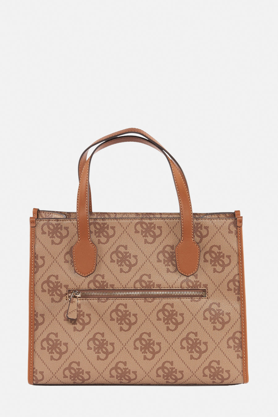 Sac à main brun en toile signé Guess®, avec motif logo en losange et finitions marron cuirées.