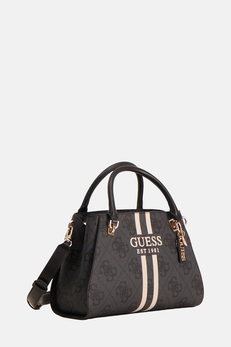 Zwarte Guess handtas met ruitpatroon en contrasterende verticale strepen, logo-bedel.