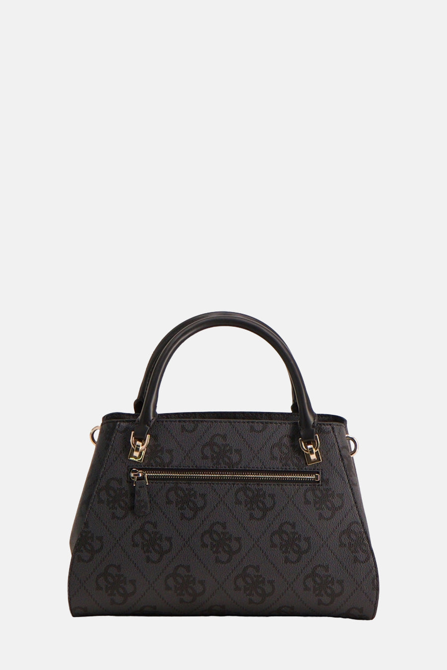 Zwarte Guess handtas met herhalend logo-patroon en ritssluiting aan de bovenkant.