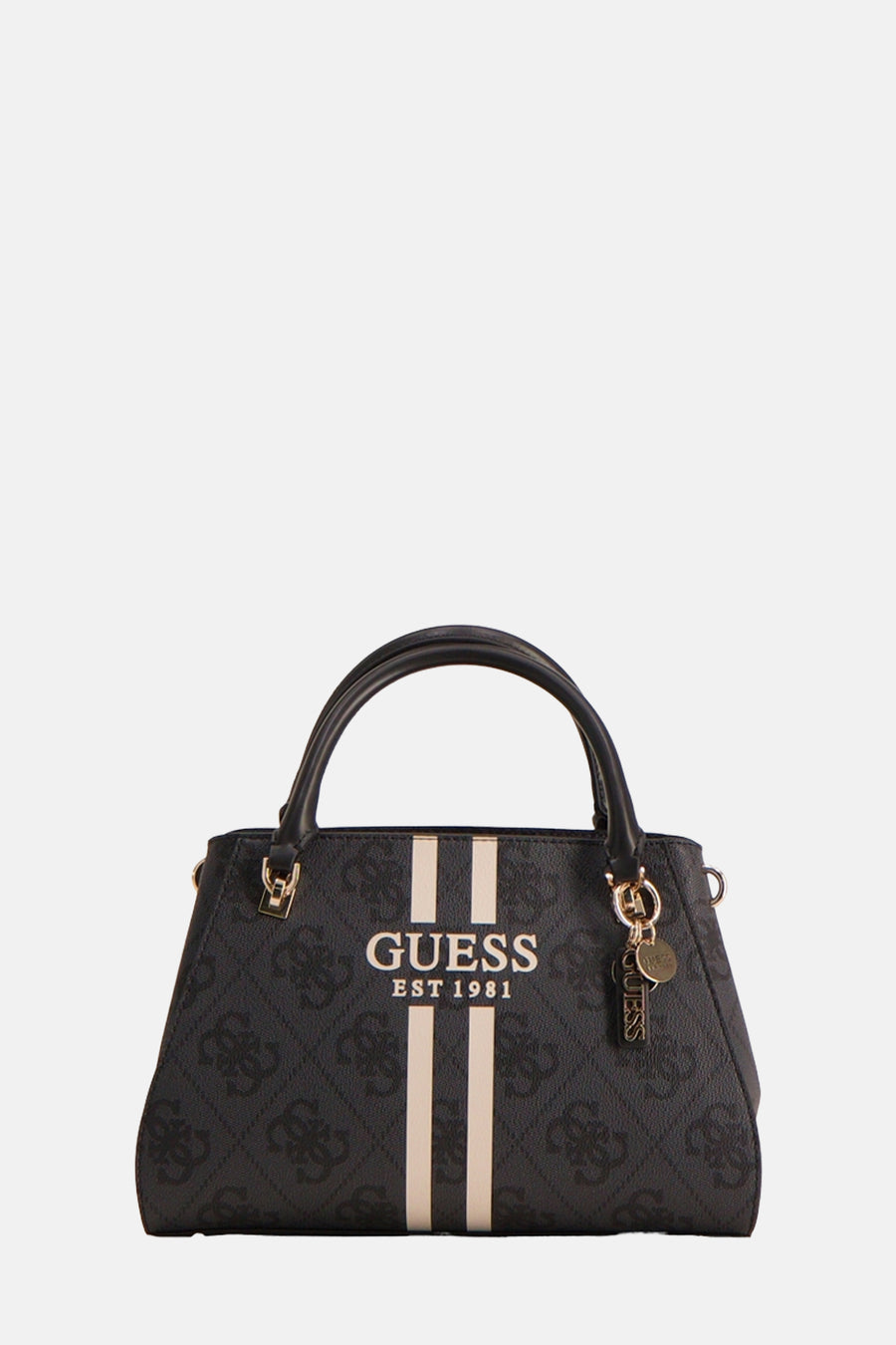 Zwarte handtas van imitatieleer van Guess, met verticale strepen en decoratieve bedel.