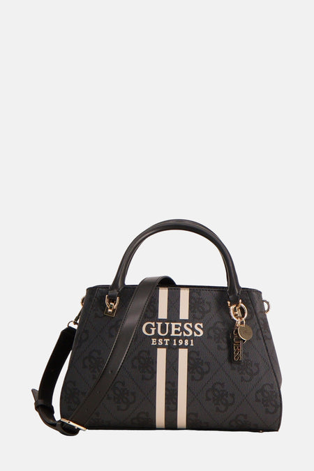 Zwarte Guess handtas met print en verstelbare schouderriem.