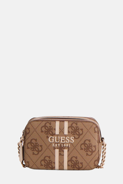 Sac à bandoulière brun de Guess, avec un motif monogramme et une bandoulière chaîne dorée.
