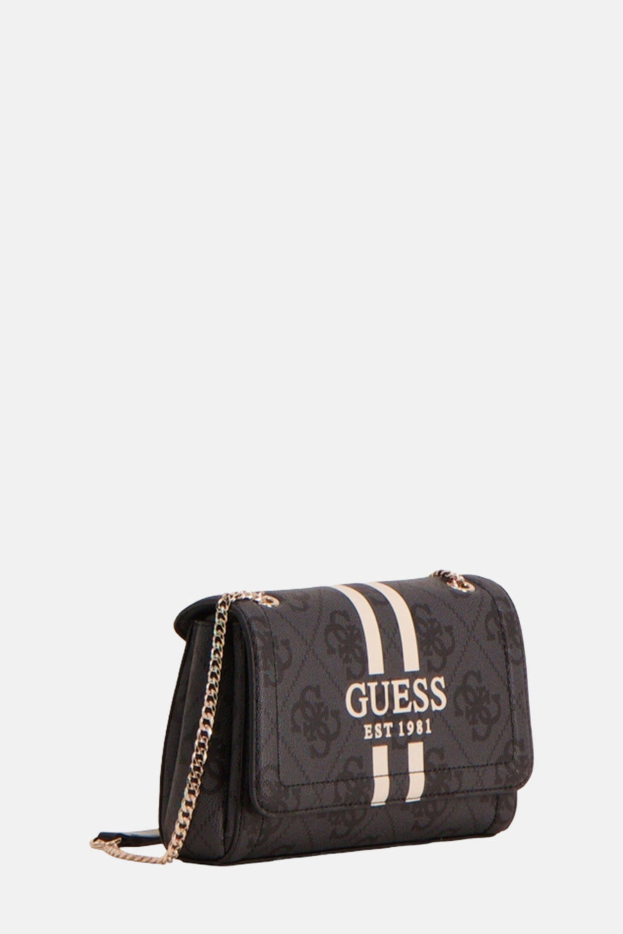 Zwarte Guess schoudertas met logoprint en contrasterende strepen, gouden schouderketting.