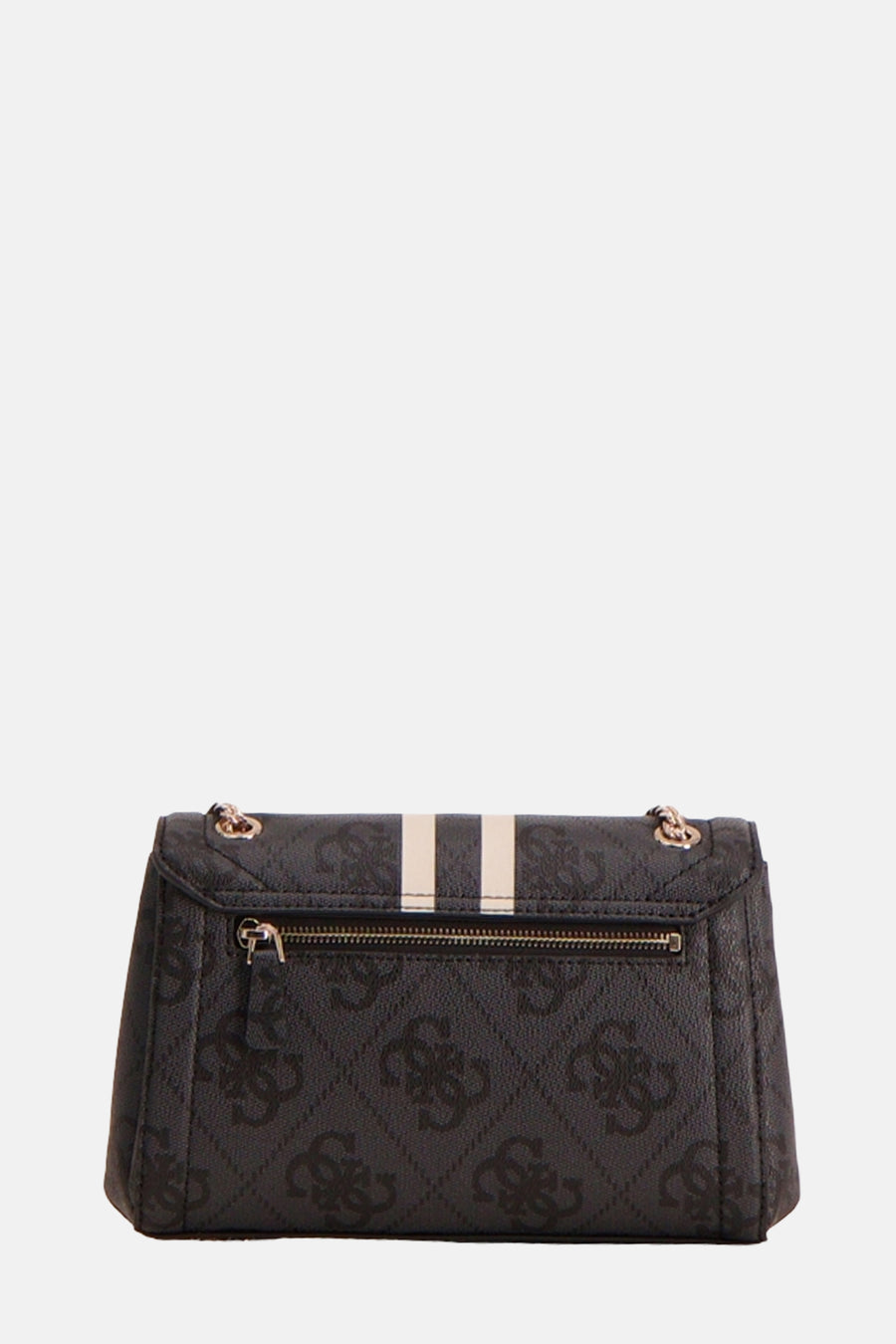 Zwarte Guess schoudertas met herhaald logo en twee lichte strepen.