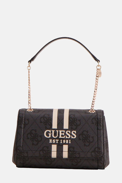 Zwarte Guess schoudertas van imitatieleer met monogrampatroon en kettingriem.