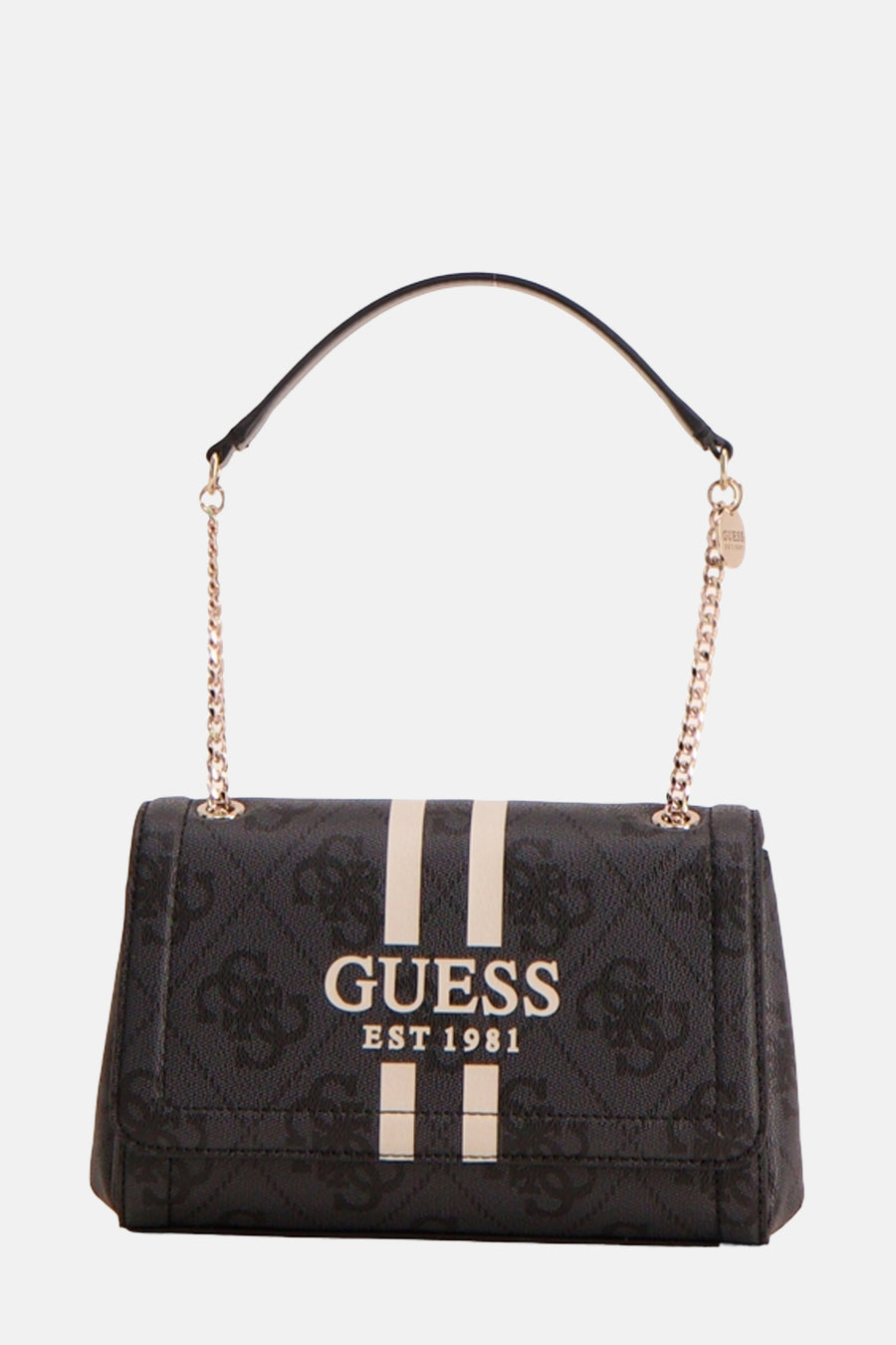Zwarte Guess schoudertas van imitatieleer met monogrampatroon en kettingriem.