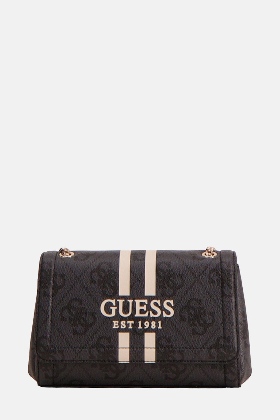 Zwarte Guess schoudertas met logoprint en beige streepdetails.