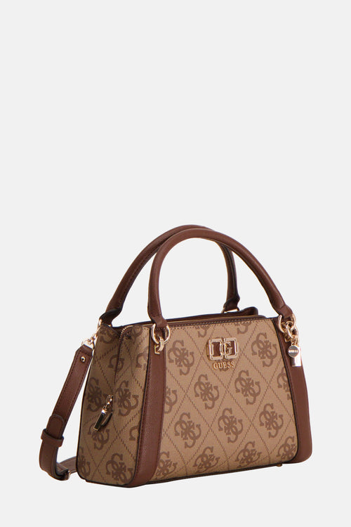 Bruine Guess handtas met monogrampatroon en bijpassende schouderriem.
