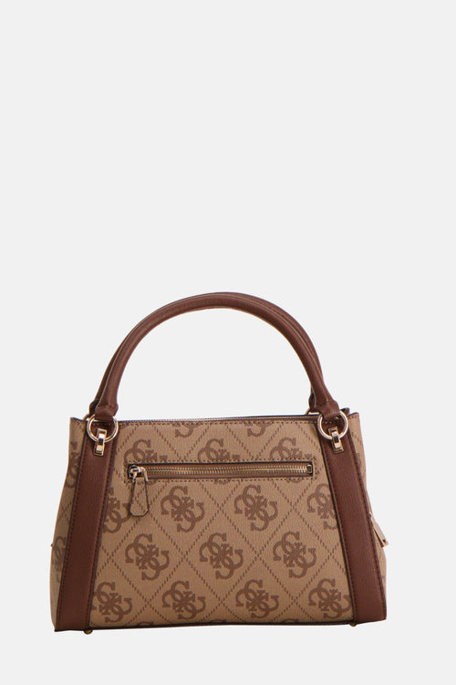 Sac à main marron en cuir de Guess, avec motif logo répété, poignée supérieure et quincaillerie dorée.