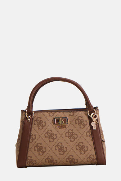 Bruine Guess handtas met herhaald logo patroon en gouden details.