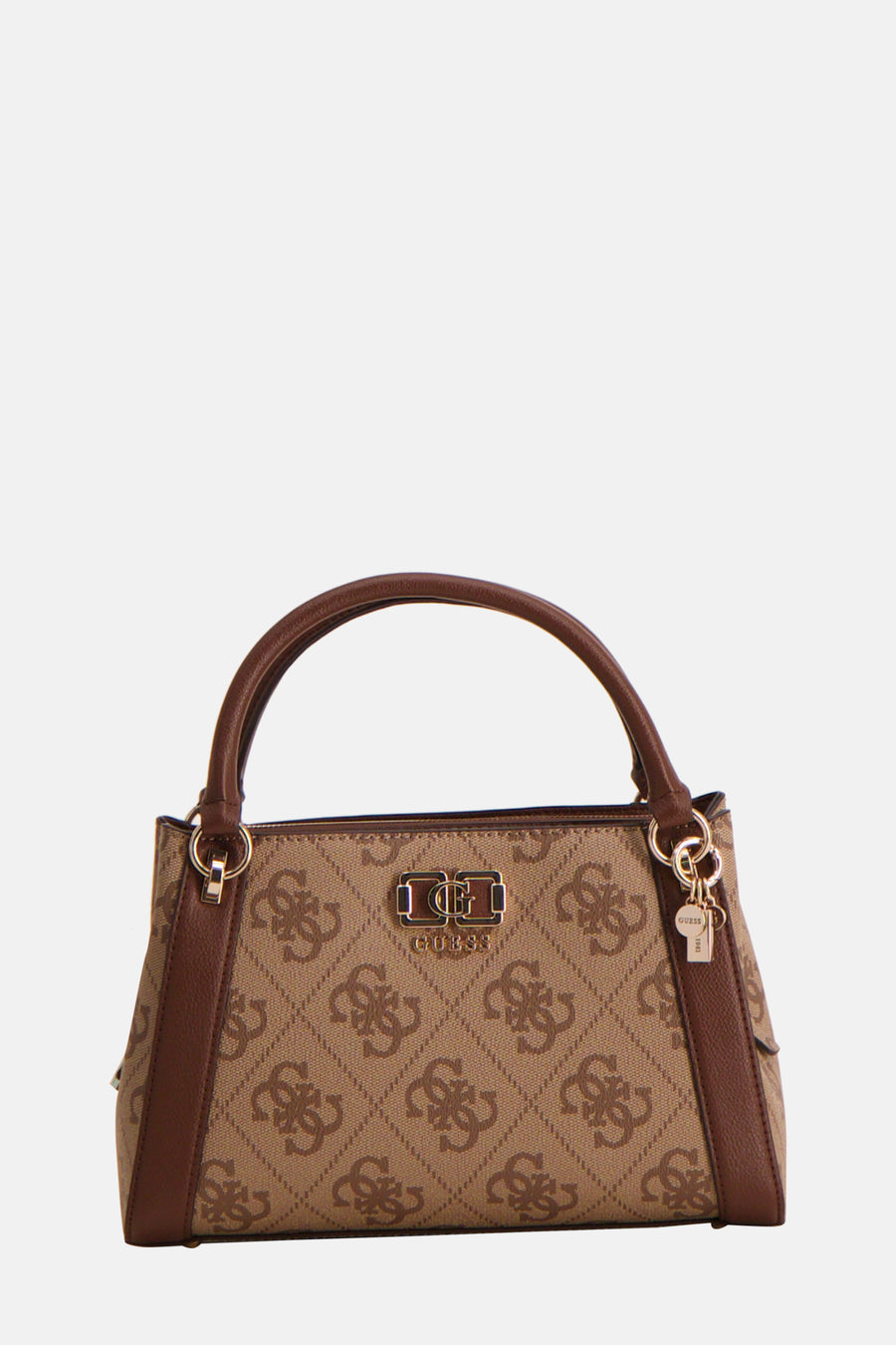 Bruine Guess handtas met herhaald logo patroon en gouden details.