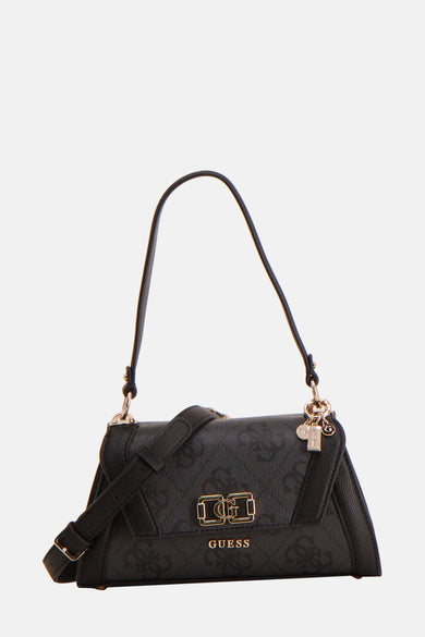 Zwarte Guess schoudertas, versierd met een toon-op-toon monogrampatroon en een gouden ritssluiting.