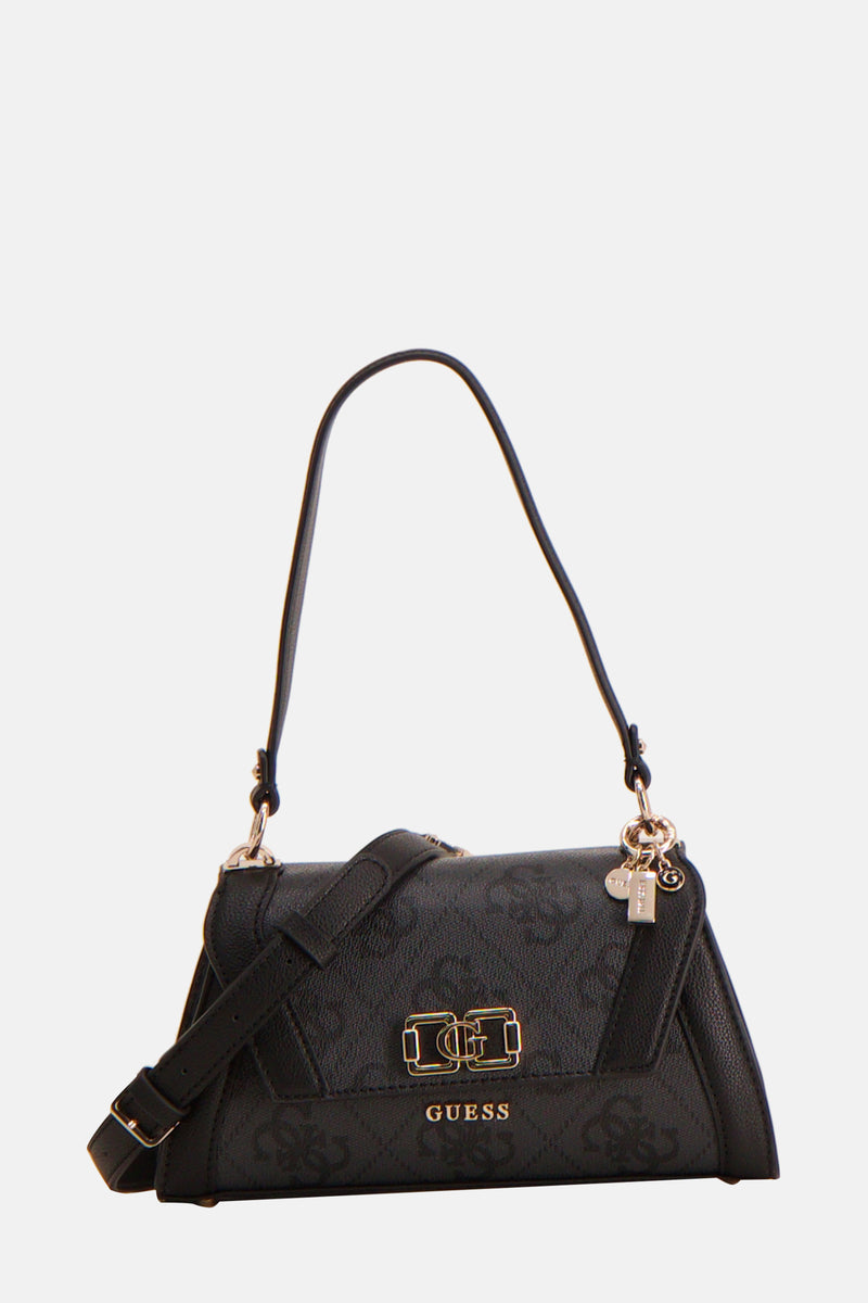 Zwarte Guess schoudertas, versierd met een toon-op-toon monogrampatroon en een gouden ritssluiting.