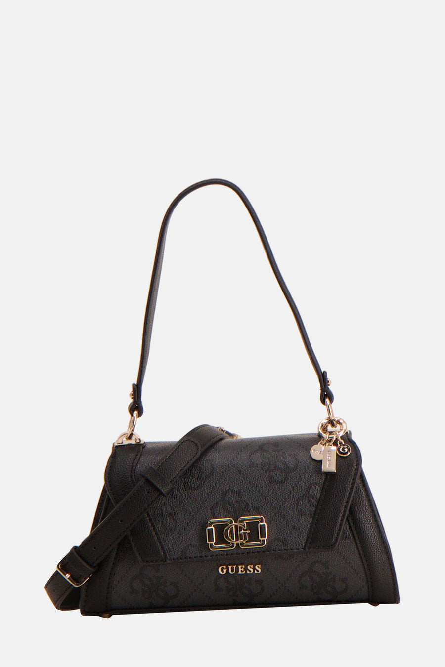 Zwarte Guess schoudertas, versierd met een toon-op-toon monogrampatroon en een gouden ritssluiting.