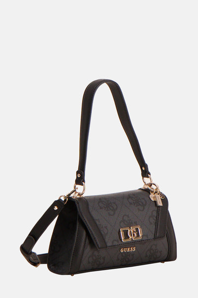 Zwarte Guess schoudertas met logoprint en gouden details.