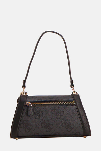 Sac à bandoulière noir de Guess, orné d'un motif de monogramme ton sur ton et d'une fermeture éclair dorée.