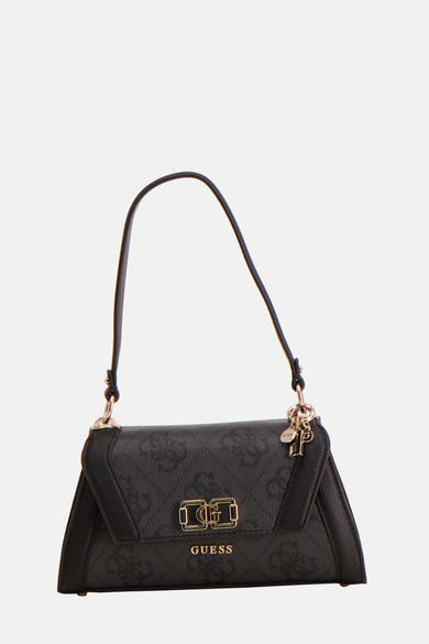 Zwarte Guess schoudertas met print en decoratieve bedel.
