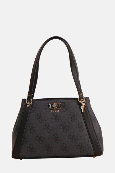 Zwarte Guess schoudertas met herhalend logo-patroon en ritssluiting aan de voorkant.
