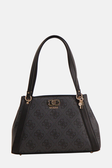 Zwarte Guess schoudertas met herhalend logo-patroon en ritssluiting aan de voorkant.