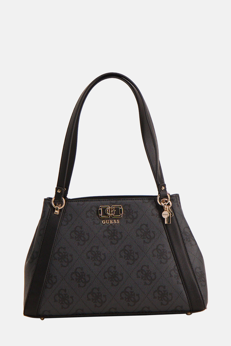Zwarte Guess schoudertas met herhalend logo-patroon en ritssluiting aan de voorkant.