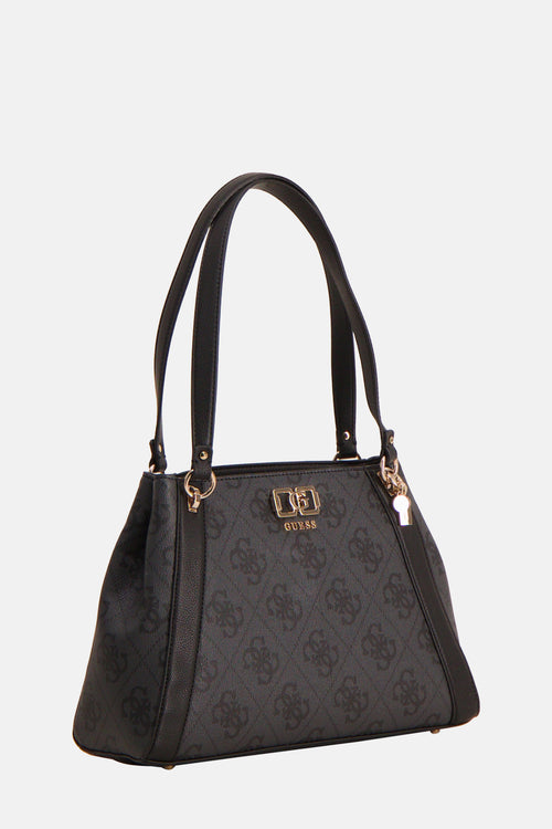 Zwarte Guess schoudertas met monogrampatroon en dubbele zwarte bandjes.