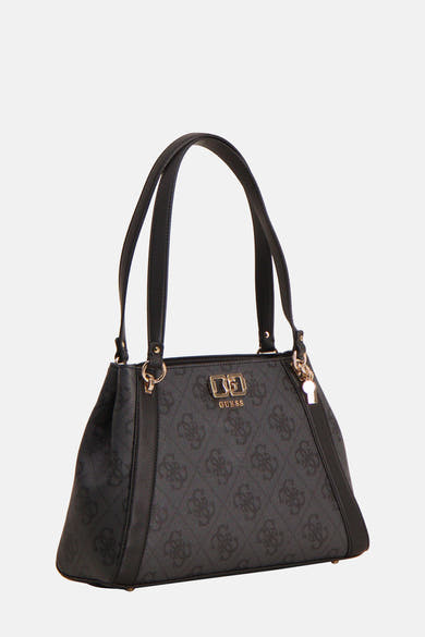 Zwarte Guess schoudertas met monogrampatroon en dubbele zwarte bandjes.