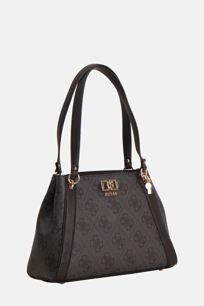 Zwarte Guess schoudertas met monogrampatroon en dubbele zwarte bandjes.