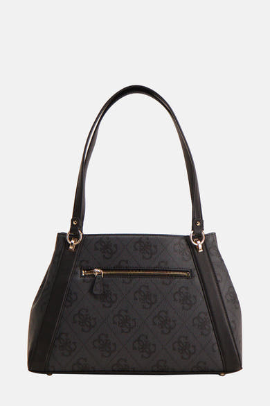 Sac à bandoulière noir de Guess avec un motif de logo répété et une fermeture éclair avant.
