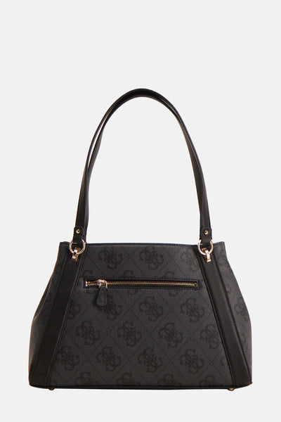 Sac à bandoulière noir de Guess avec un motif de logo répété et une fermeture éclair avant.
