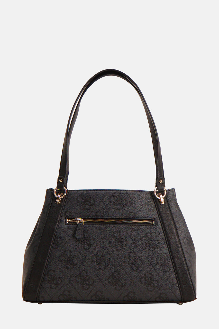 Sac à bandoulière noir de Guess avec un motif de logo répété et une fermeture éclair avant.

