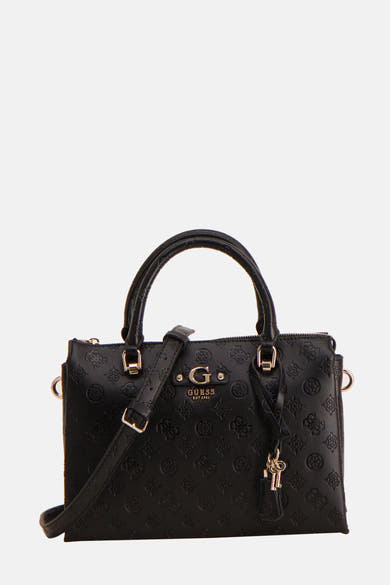 Zwarte Guess handtas, met reliëf bloemenpatroon en gouden metalen details.