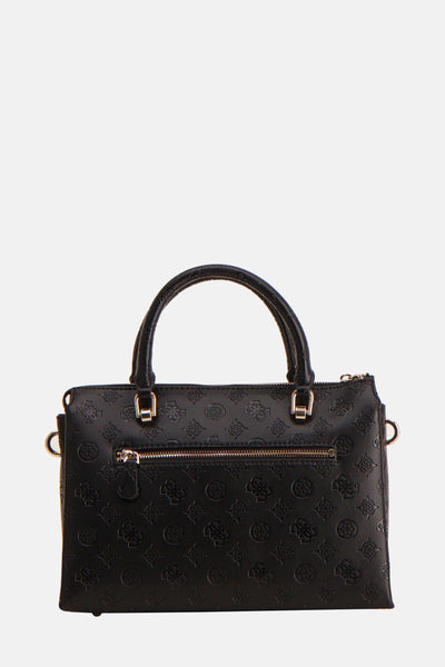 Sac à main noir de Guess, avec motif de fleur en relief et détails métalliques dorés.