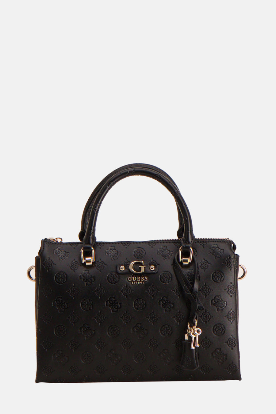 Zwarte Guess handtas met reliëf, bloemenpatronen en een decoratieve sleutelhanger.
